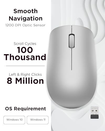 Lenovo 530 Full Size Wireless Computer Mouse for PC, Laptop, Computer with Windows - 2.4 GHz Nano USB Receiver - Ambidextrous Design - 12 Months Battery Life - Platinum Grey - color: Platinum Grey