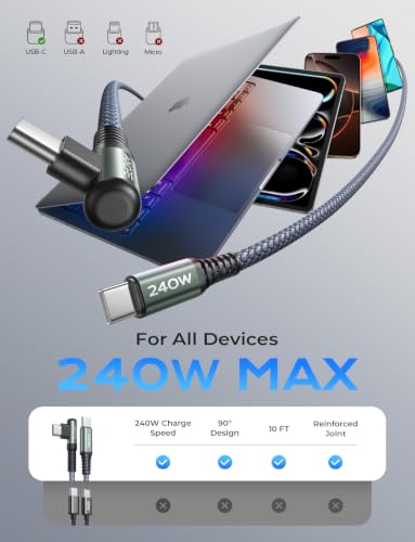 AINOPE 240W USB C to USB C Cable [10FT] Right Angle C to C Cable Fast Charging,Sideways Phone Charger USBC to USBC Fits iPhone 17 16 15 Pro Max Plus,MacBook Air/Pro,iPad Pro,Samsung S25,Pixel,iPad - color: Grey, size: 10FT