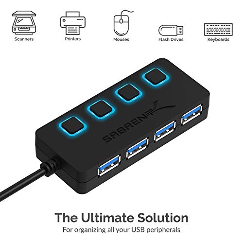 SABRENT 4-Port USB 3.0 Hub with Individual LED Power Switches - Slim, Portable Design - 2 Ft Cable - Fast Data Transfer - Compatible with Mac & PC (HB-UM43) - color: Black