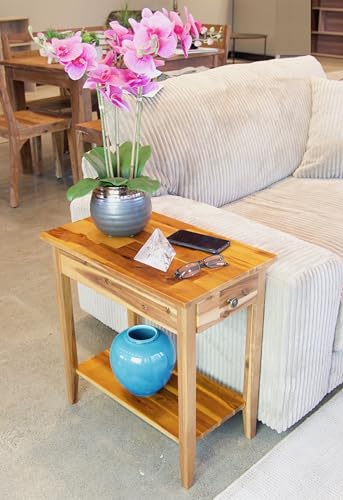 2-Tier Solid Acacia Recliner Table w/Drawer (Natural) - color: Natural