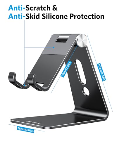 OMOTON C2 Adjustable Aluminum Cell Phone Stand with Charging Cutout, Black | Sturdy 3mm Aluminum, Charging Port, 270° Adjustable, Non-Slip Silicone Pads, Works with Thick Cases, for All Smartphones - color: Black