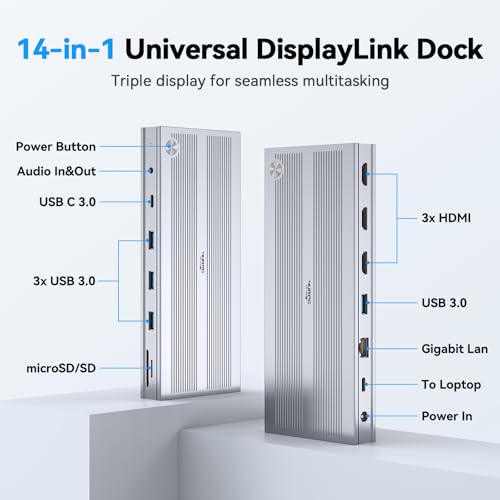 Displaylink Docking Station 3 Monitors with 120W Power Adapter, 14-in-1 Laptop Dock for MacBook M1/M2/M3/M4/Windows, 3XHDMI, 5 USB Ports, Ethernet, Audio, SD/microSD