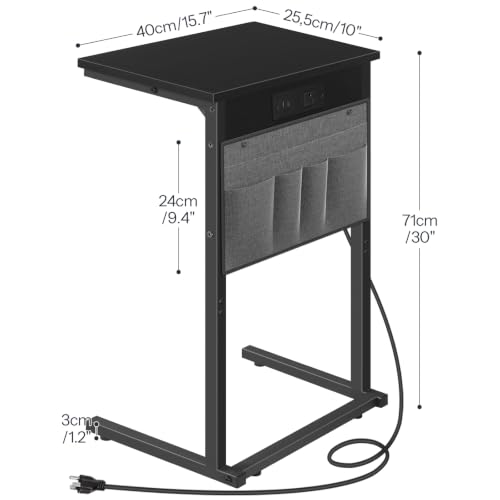 HOOBRO C Shaped End Table with Charging Station, 28" H Couch Side Table Slide Under, Sofa Arm Tray Table with Storage Bag for Living Room, Recliner, Black BB70USF01 - color: Black