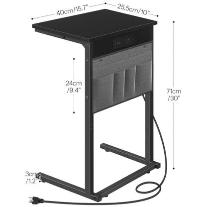 HOOBRO C Shaped End Table with Charging Station, 28" H Couch Side Table Slide Under, Sofa Arm Tray Table with Storage Bag for Living Room, Recliner, Black BB70USF01 - color: Black