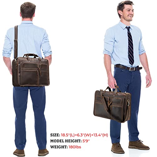 Polare 18.5” Full Grain Leather Laptop Briefcase Messenger Bag Tote For Men Large Fits 17.3” Laptop - color: Dark Brown(x-large)