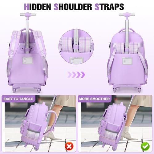 ACESAK Rolling Backpack for Girls - Roller Wheels School bag with Lunch Bag & Pencil Pouch for Teen Girls Kids Wheeled Suitcase Backpacks, Elementary Middle School Travel Daypack (Purple) - color: Purple