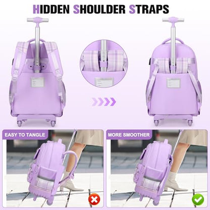 ACESAK Rolling Backpack for Girls - Roller Wheels School bag with Lunch Bag & Pencil Pouch for Teen Girls Kids Wheeled Suitcase Backpacks, Elementary Middle School Travel Daypack (Purple) - color: Purple