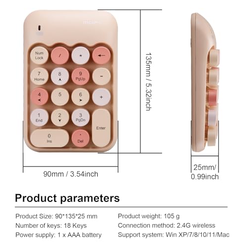 Lomiluskr Cute Wireless Number Keypad with 2.4G USB Receiver, 18 Colorful Round Keys Numpad, Portable Financial Accounting Numeric Keyboard, Suitable for PC, Laptop (Milk Tea) - color: Milk Tea