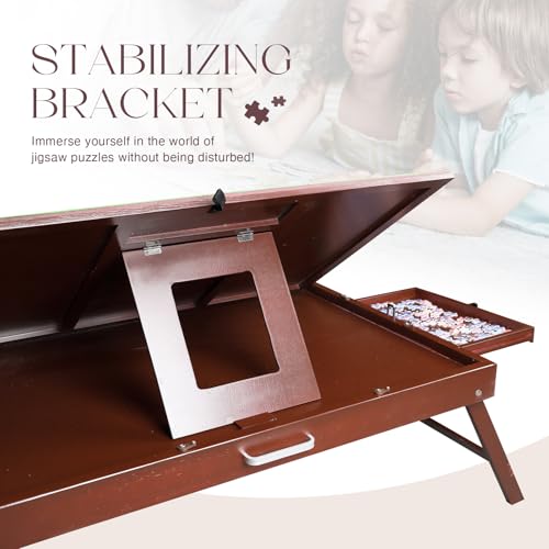 Solid Wood Puzzle Table with Tilt Adjustable Desktop, Portable Jigsaw Puzzle Board with Drawers, Non-Slip Felt Surface, Puzzle Table with Legs (Red-Brown) - color: Red-brown
