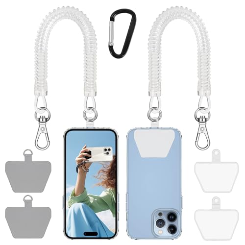 Doormoon Phone Lanyard Leash with 4 Patch, 2* Phone Tether, 4* Phone Tether Tab, 1* Carabiner for Climbing Outdoor Hiking Cycling Skiing Compatible for Smartphones Keys - color: Clear - 2 Pack