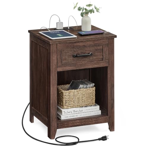 VASAGLE LIRY Collection - Farmhouse Nightstand with Charging Station, Bedside Table, Side Table with Drawer, Open Compartment, for Bedroom, Maroon Brown ULET659K51 - color: Maroon Brown, size: 1 PACK, style: 17.7"W x 23.6"H With 1 Drawer