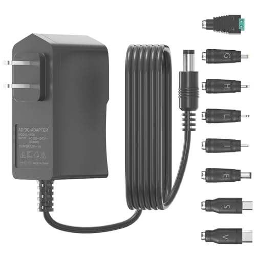 DC/AC 12V 1A Power Supply Charger, Universal 12W Switching Power Supply Adapter with 8 DC Tips for Wireless Router, LED Strip Light, Humidifier, 3.2ft Power Cord