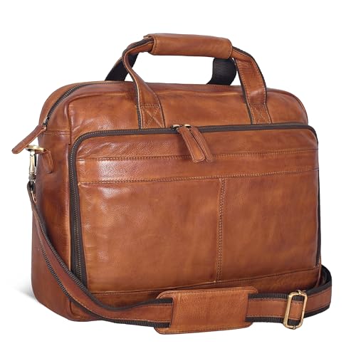 Oak Leathers Leather Messenger Bag for Men and Women - Laptop Briefcase Bag For College, Office, Adjustable Shoulder Strap - color: Tan New Vintage