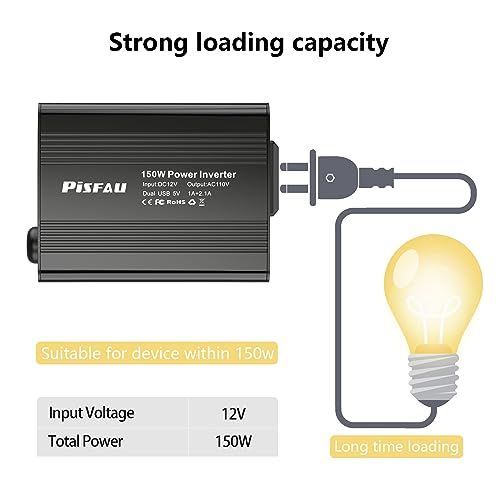 150W Power Inverters for Vehicles 12V DC to 110V AC Car Plug Adapter Outlet | Cigarette Lighter Adapter, Dual DC AC Converter, 3.1A Dual USB, Portable Car Charger for Laptop/Camping/Road Trip Essentials - color: Black