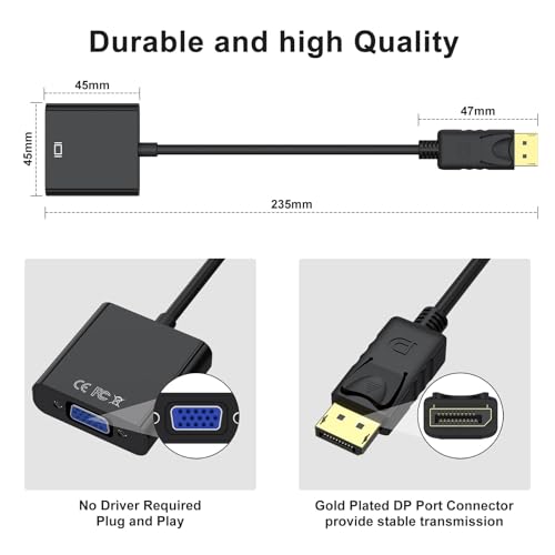 Meliya DisplayPort to VGA Adapter, Gold-Plated DisplayPort (DP) to VGA Adapter (Male to Female) Compatible with Computer, Desktop, Laptop, PC, Monitor, Projector, HDTV