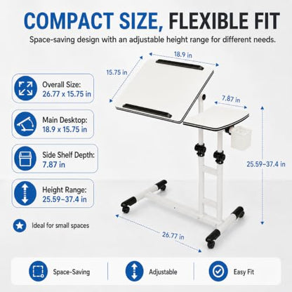 Mobile Standing Desk Adjustable Height, Rolling Laptop Desk with Tilting Desktop, Portable Overbed Table on Wheels, Small Computer Writing Desk for Home Office, Bedside, Sofa, Side Table, White