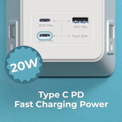 PD USB Wall Charger Surge Protector, 5 Outlet, (White) | Extender 2 USB C & 1 USBA Charging Ports, Fast Charge 3 Sided Power Strip Multi Plug Outlets Wall Adapter for Home Office - color: White