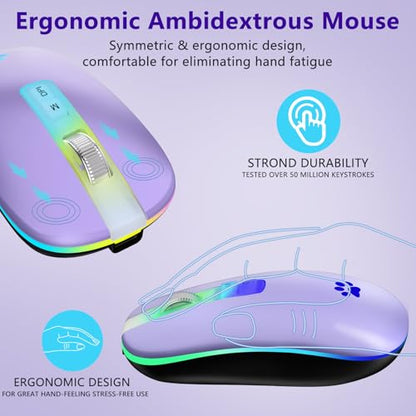 KARFUN Wireless Mouse, Backlit LED Portable Slim Computer Mouses for Laptop, PC, Computer, MacBook, iPad, Chromebook, Notebook, 2.4G Rechargeable Wireless Mouse (Light Purple)