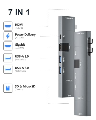USB C Hub for MacBook, USB-C Hub 7-in-2, for Thunderbolt 4 Port, 4K 60Hz HDMI, Ethernet, 2 USB A Data Ports microSD SD Card Reader for MacBook Pro 13 Inch, MacBook Air M1 M2 M3 iPad Dell Lenovo