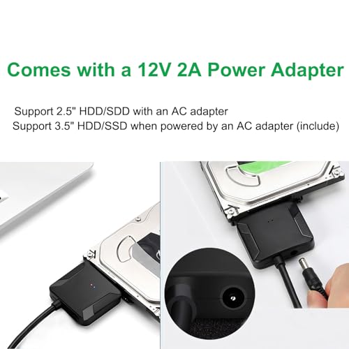 SATA to USB 3.0 Adapter for 3.5 2.5 SSD HDD Hard Drive Reader Data Transfer | External Hard Drive Converter for Data Transfer with 12V/2A Power Adapter Compatible with SATA I/II/III Drives