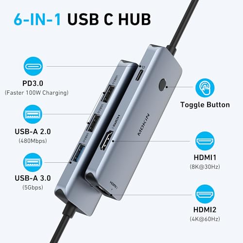 Docking Station USB C to Dual HDMI Adapter, MOKiN USB C Hub Dual HDMI Monitors for Windows, USBC Adapter with 2 HDMI, 3 USB Ports, PD Compatible with Dell XPS 13/15, Lenovo Yoga,etc