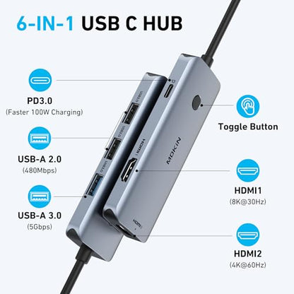 Docking Station USB C to Dual HDMI Adapter, MOKiN USB C Hub Dual HDMI Monitors for Windows, USBC Adapter with 2 HDMI, 3 USB Ports, PD Compatible with Dell XPS 13/15, Lenovo Yoga,etc