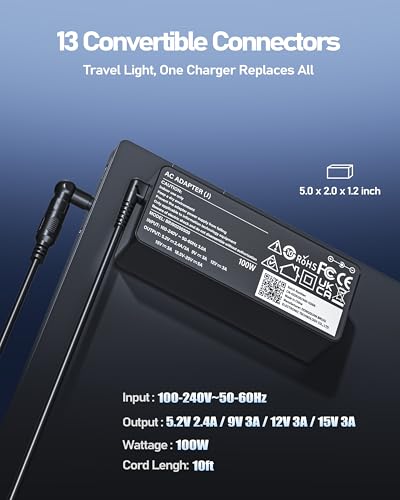 100W 90W USB C Universal Laptop Charger with 13Tips Compatible with Lenovo HP Dell Asus Acer Samsung ThinkPad Yoga Pavilion Envy Latitude Aspire Vivobook Chromebook Notebook Adapter Power Supply