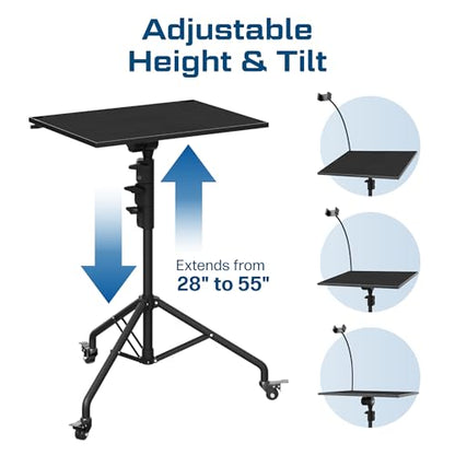 Projector Stand Tripod Laptop Tripod with Wheels & Adjustable Height Portable Podium Stand with Phone Holder Projector Holder for Home, Office, School & DJ Matte Black
