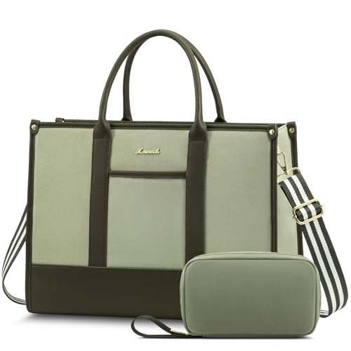 LOVEVOOK Laptop Tote Bags for Women Canvas Work Bag 15.6 inch Large Professional Teacher Purse Lightweight Computer Bag Briefcase Business Office, Green-black - color: Green, size: 15.6inch