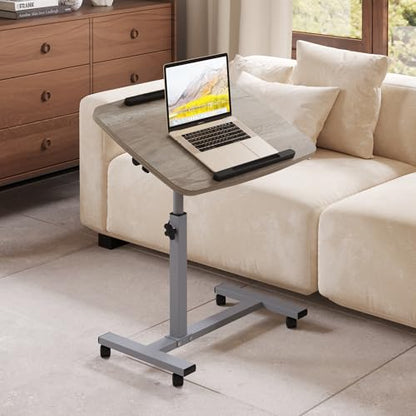 Laptop Table Mobile Adjustable Height Portable Desk Notebook Swivel PC Computer Rolling Desk with Wheels, Laptop Stand for Couch Bedside Hospital Bed Table - color: Oak Grey