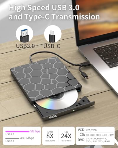 External CD DVD Drive,8 in 1 USB 3.0 and Type-C Disc Reader Writer Burner Player,Slim and Portable CD DVD +/-RW Optical Drive for PC Laptop Desktop MacBook Mac Windows Linux OS Apple - style: 8 in 1