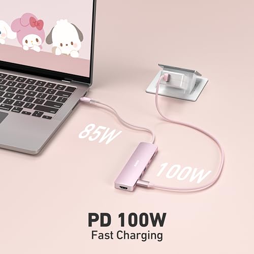 BENFEI 7-in-1 USB C Hub with HDMI(4K@60Hz), 2 USB-A, 1 USB-C Data, 100W Charge, SD/TF Card Reader, Silicone Tangle-Free Cable Compatible with MacBook Pro/Air, iPad Pro, iMac, iPhone 15 Pro/Pro Max - color: Pink