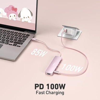 BENFEI 7-in-1 USB C Hub with HDMI(4K@60Hz), 2 USB-A, 1 USB-C Data, 100W Charge, SD/TF Card Reader, Silicone Tangle-Free Cable Compatible with MacBook Pro/Air, iPad Pro, iMac, iPhone 15 Pro/Pro Max - color: Pink
