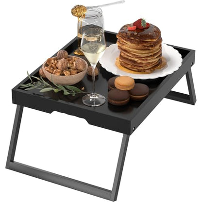 Bamboo Bed Tray Table with Folding Legs, Medium, Black | FSC-certified bamboo bed tray with folding legs, handles and raised edges for meals, reading, laptops and serving in bed. - color: Black, size: Medium