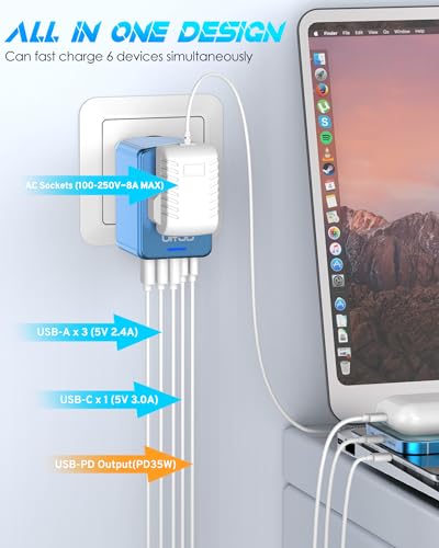 Universal Travel Adapter, 35W PD Fast Charging for Europe UK US Japan | 2 USB C 3 USB A & 2500W AC Outlet, International Power Adapter for 200+ Countries, Compatible for iPhone, MacBook, Tablet - color: PD35W-3A2C-metallic blue