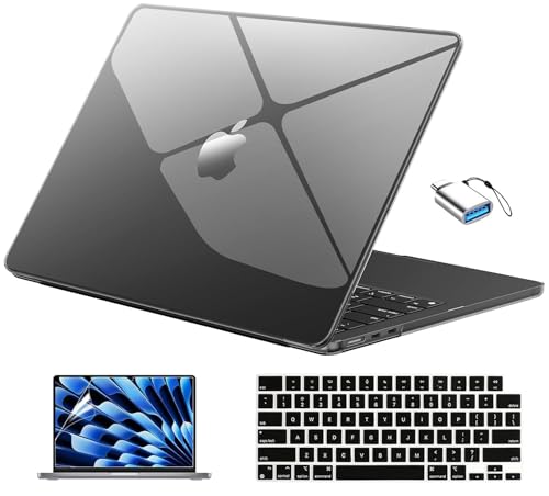 EooCoo for MacBook Air 13 inch Case M5/M4/M3/M2 2026-2022, Crystal Black | Easy Snap-On Fit for Mac Air 13.6"，Hard Shell & Keyboard Cover & Screen Film & Type-C Included, A3449/A3240/A3113/A2681 - color: Crystal Black