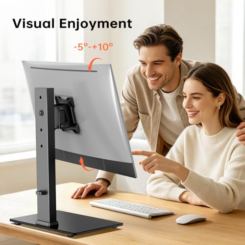 Afaloona Freestanding Single Monitor Stand for 13-32 Inch Monitor, No Clamp | Max Load 77lbs | Tempered Glass Base | ±25° Swivel | -5° to +10° Tilt | 360° Rotation | 4 Height Options | VESA 75×75/100×100 - size: Single Monitor Stand