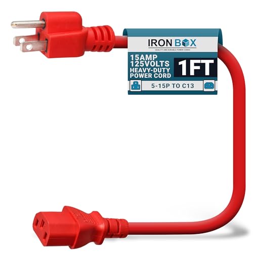 IronBox Electric - Heavy-Duty 5-15P to C13 Power Cord - 3 Prong 15A 125V 14/3 SJT PC Cable - Cord for Computer, Monitor, Subwoofer, Amplifier - Cable for Power Supply - (Red 1 Foot) - color: Red, size: 1 ft
