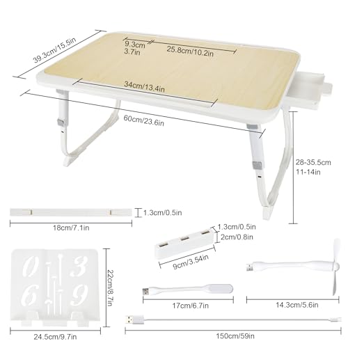 Laptop Desk for Bed, Adjustable Height Laptop Bed Table, Foldable Lap Desk with USB Charge Port, Desktop Card Slot, Side Drawer, Book Shelf, Portable Lap Tray for Eating Reading Working Sofa & Floor