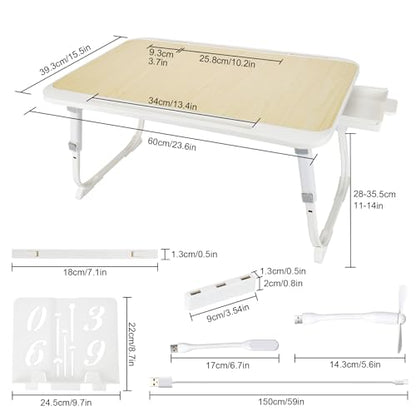 Laptop Desk for Bed, Adjustable Height Laptop Bed Table, Foldable Lap Desk with USB Charge Port, Desktop Card Slot, Side Drawer, Book Shelf, Portable Lap Tray for Eating Reading Working Sofa & Floor