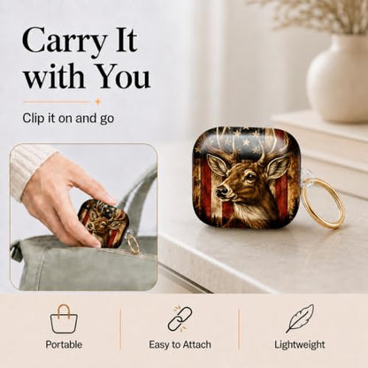 Compatible with AirPod 4 Case 2024, Cute Hard Plastic Protective Cover for Airpod 4th Generation Women, Shockproof Shell Skin with Gold Ring Keychain,American Flag Deer Forest - color: American Flag Deer Forest