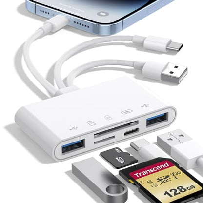 5-in-1 Memory Card Reader, USB OTG Adapter & SD Card Reader for iPhone iPad Mac USB C and USB A Devices with 5 Slots of PD 60W/Dual USB/TF/SD Card, Camera Adapter Supports SD/Micro SD/SDHC/SDXC/MMC