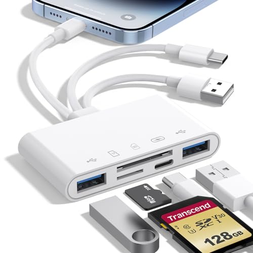 5-in-1 Memory Card Reader, USB OTG Adapter & SD Card Reader for iPhone iPad Mac USB C and USB A Devices with 5 Slots of PD 60W/Dual USB/TF/SD Card, Camera Adapter Supports SD/Micro SD/SDHC/SDXC/MMC