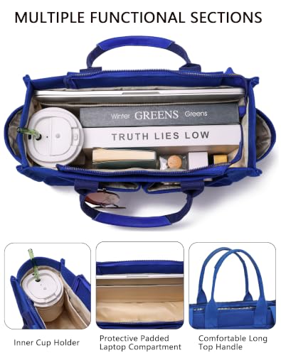 Canvas Tote Bag for Women,Women's Bags Crossbody Bags Work Laptop Tote Bag Large Handbags Purse for Travel Nurse Teacher - color: New Upgrade Navy Blue With Compartments and Side Cup Holders