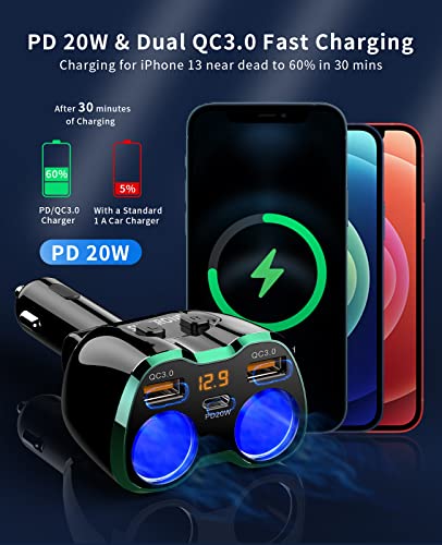 SUPERONE 180W 2-Socket Cigarette Lighter Splitter with QC3.0 & 20W PD USB C | 2026 Upgraded Cigarette Lighter Adapte, USB C Car Charger Splitter for GPS/Dash Cam/Laptop/iPad/iPhone 17/16/15/14/13/12 - color: Green