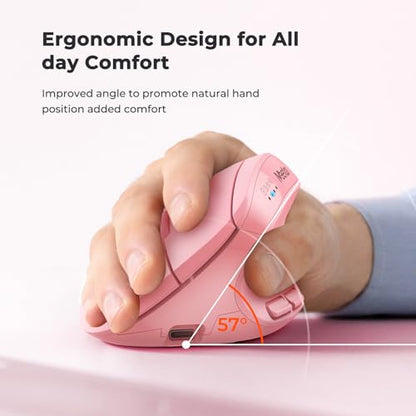 MEETION Ergonomic Vertical Mouse, Wireless Bluetooth Mouse - Pink | Rechargeable mouse with dual Bluetooth 5.2 and USB, 4 DPI levels (800–2400), compatible with Windows, Mac, PC and iPad - color: Right Pink