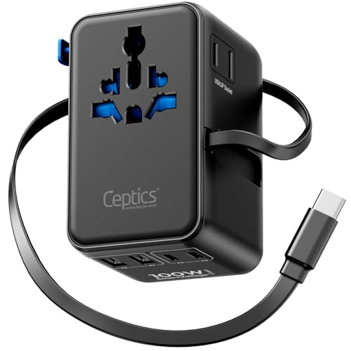 Ceptics GAN 100W Universal Travel Adapter with Retractable USB-C Cable, 2X USB-A & C, Universal Input and 1x USA/JP Input, 7 in 1 Universal Adapter for Worldwide Travel - Type A, C, G, I Output - color: Black/Blue