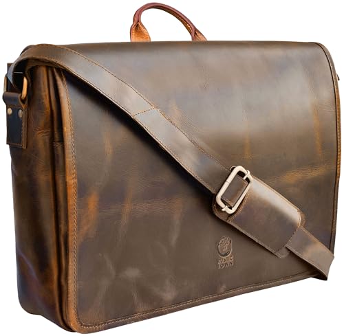 Leather Messenger Bag for Men 14" Leather Laptop Bag Vintage Crossbody Office Satchel Travel Shoulder Bag - color: Brown