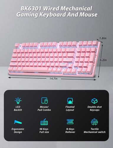 Mechanical Gaming Keyboard and Mouse, LED Backlit 98-Key Floating Keycap & 4 DPI RGB Gaming Mouse with Mouse Pad, Full Anti-Ghost Light Up Wired Computer Keyboards for MAC PC Gamer Accessories, Pink - color: Pink