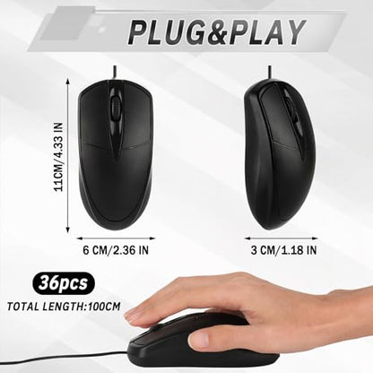 24 Pcs Black USB Wired Mouse 1200 DPI 3 Button Corded Computer Mice Right or Left Hand Use Computer Corded USB Mouse Bulk for PC Laptop Desktop Notebook Office School Classroom Use